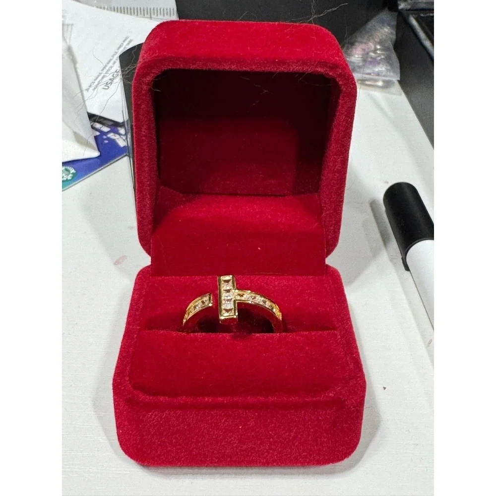 Gold Tone T Initial Crystal Open Wrap Ring Costume Jewelry Size 7.5